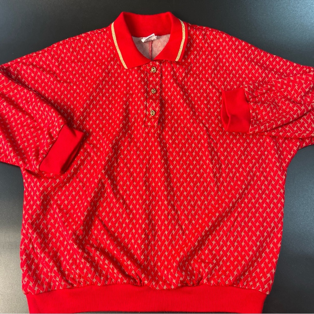 Vintage 80s Red & Gold Check Granny Core Collard Pullover Top Women Large/1X USA